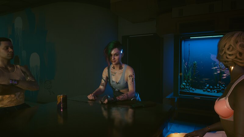 Woman with Tattoos at Table — Blue
