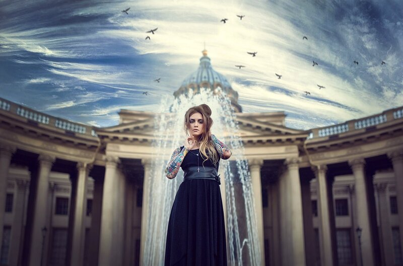 Woman with Tattoos — Black, Dramatic, Afternoon