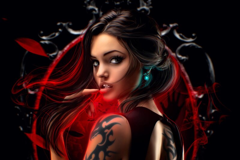 Woman with Tattoos — Black, Dramatic, Digital Art, Earring