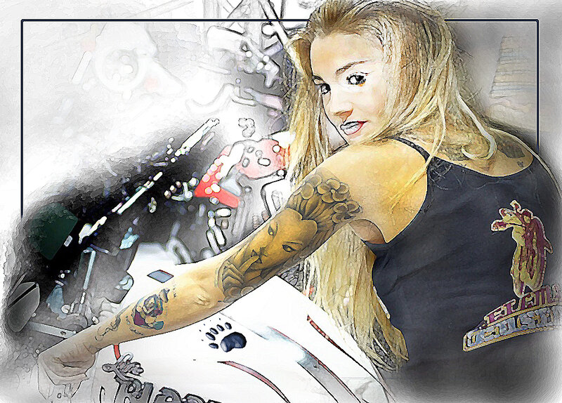 Woman with Tattoos — Black, Dramatic, Digital Art, Motorcycle