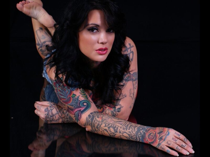 Woman with Tattoos — Black, Dramatic, Photograph, Black Background