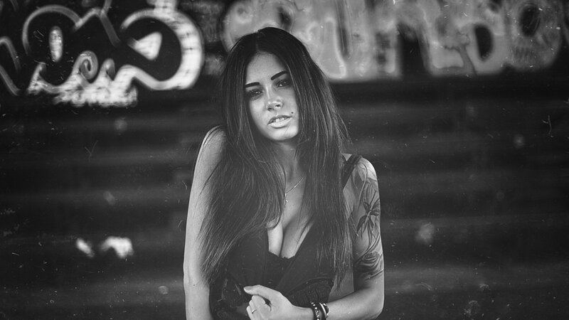 Woman with Tattoos — Black, Dramatic, Photograph, Graffiti, Long Hair