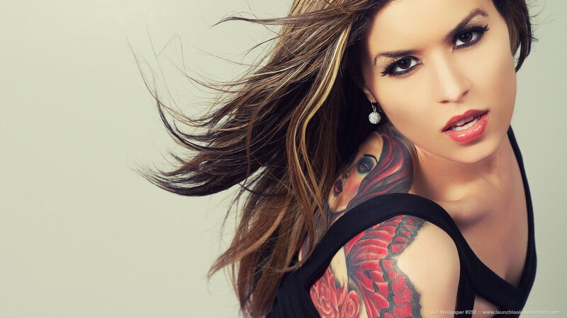Woman with Tattoos — Black, Dramatic, Photograph, Hair, Earring, Red