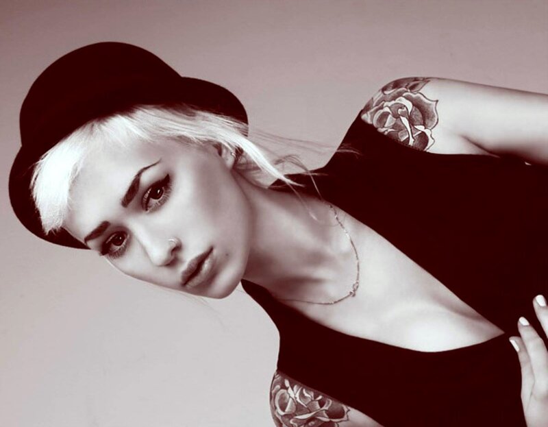 Woman with Tattoos — Black, Dramatic, Photograph, Hat