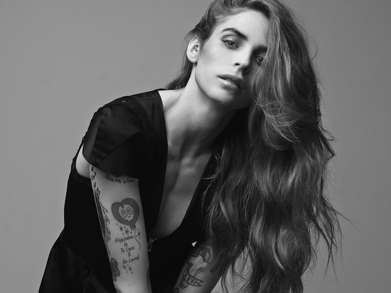 Woman with Tattoos — Black, Dramatic, Photograph, Long Hair