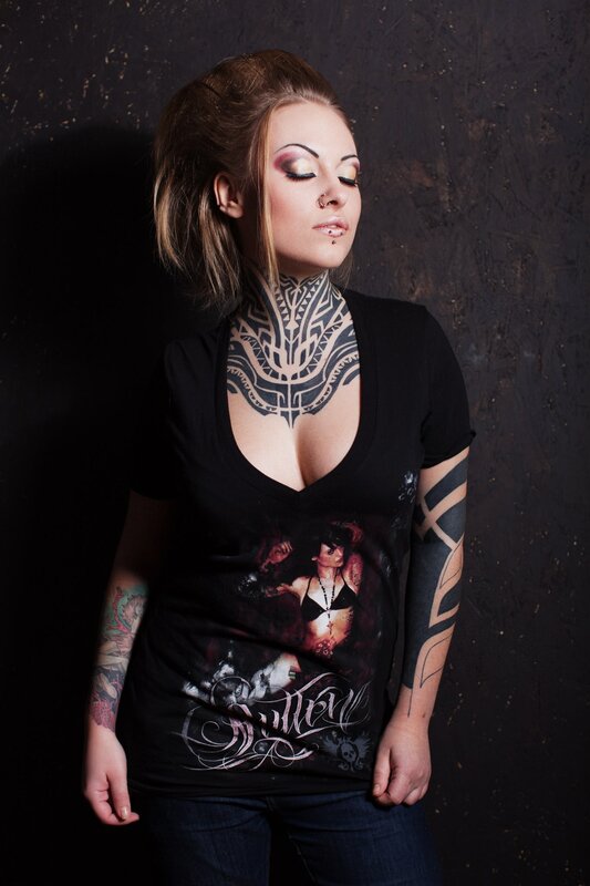 Woman with Tattoos — Black, Dramatic, Photograph, Makeup, Black Shirt