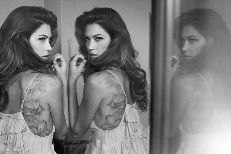 Woman with Tattoos — Black, Dramatic, Photograph, Mirror