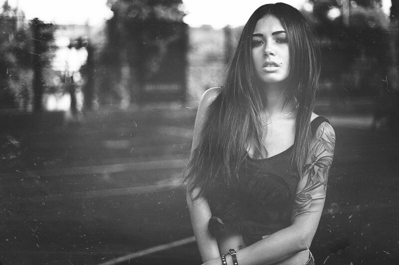 Woman with Tattoos — Black, Dramatic, Photograph, Necklace, Bracelet