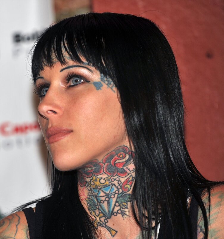 Woman with Tattoos — Black, Neutral, Photograph, Black Hair, Blue Eyes