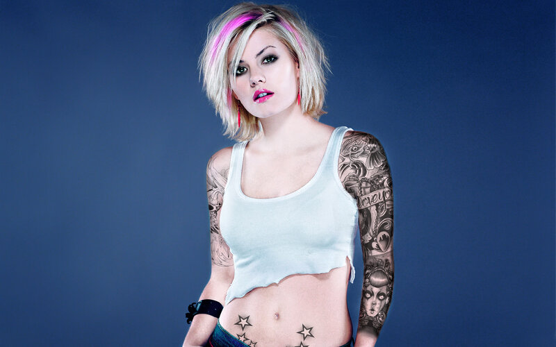 Woman with Tattoos — Blue, Confident, Photograph, Short Hair