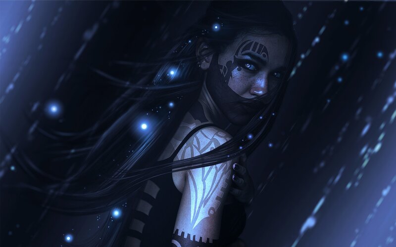 Woman with Tattoos — Blue, Dramatic, Night, Digital Art, Glowing Particles