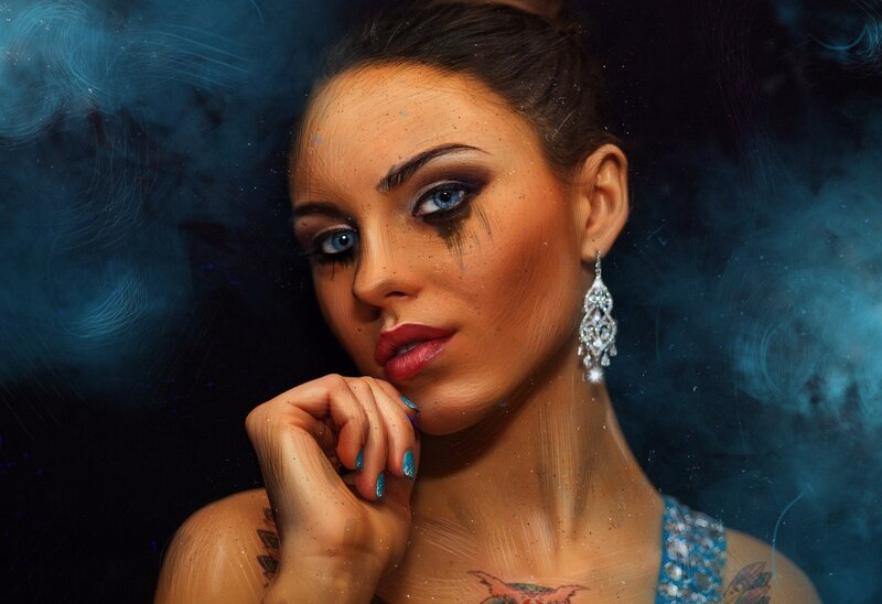 Woman with Tattoos — Blue, Dramatic, Night, Digital Art, Makeup