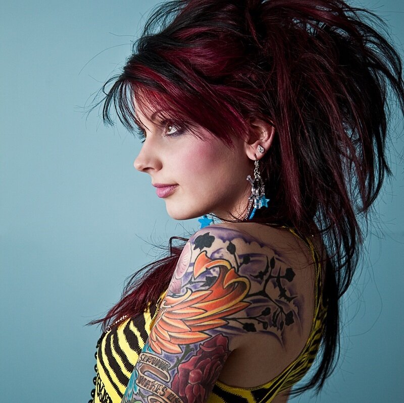 Woman with Tattoos — Blue, Dramatic, Photograph, Earrings