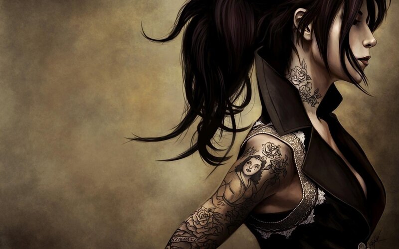 Woman with Tattoos — Brown, Dramatic, Digital Art, Black Jacket, Long Hair