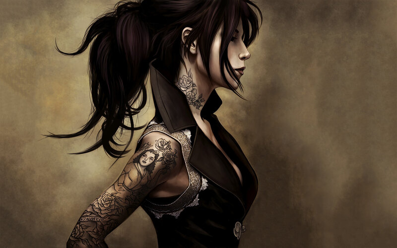 Woman with Tattoos — Brown, Dramatic, Digital Art, Black Jacket
