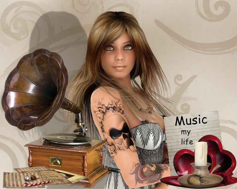 Woman with Tattoos — Brown, Dramatic, Digital Art, Gramophone