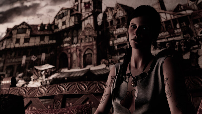 Woman with Tattoos — Brown, Dramatic, Night, 3d Render