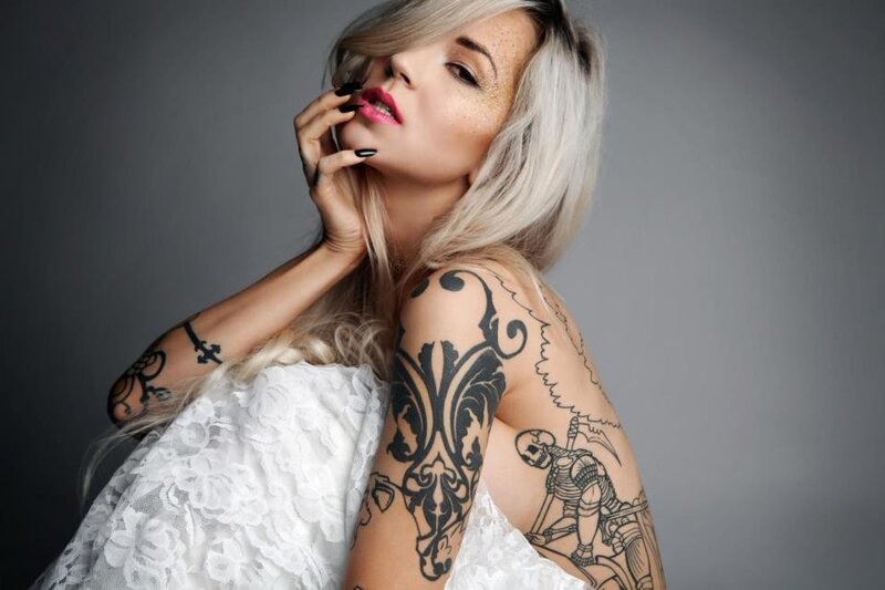 Woman with Tattoos — Gray, Dramatic, Photograph, White Dress