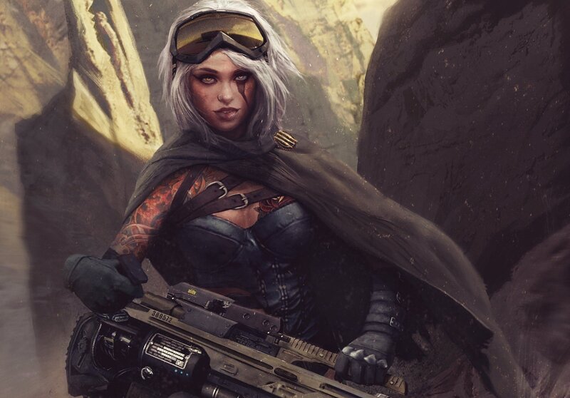 Woman with Tattoos Holding Gun — Gray