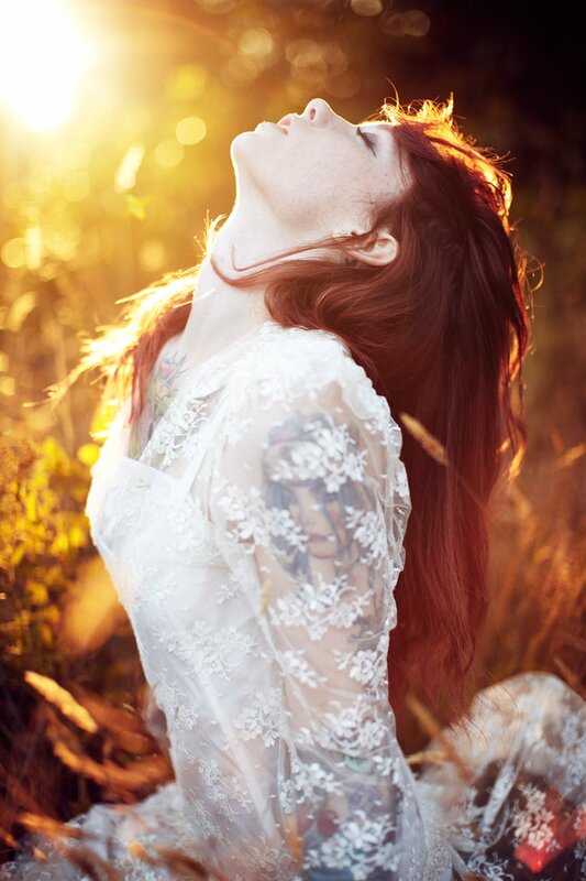 Woman with Tattoos in Field — White