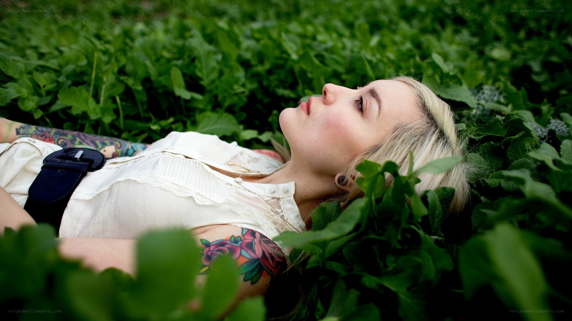 woman with tattoos lying in grass