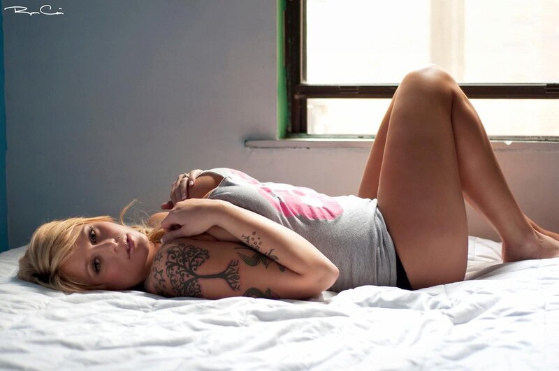 Woman with Tattoos on Bed — White, Relaxed, Morning, Photograph, Window