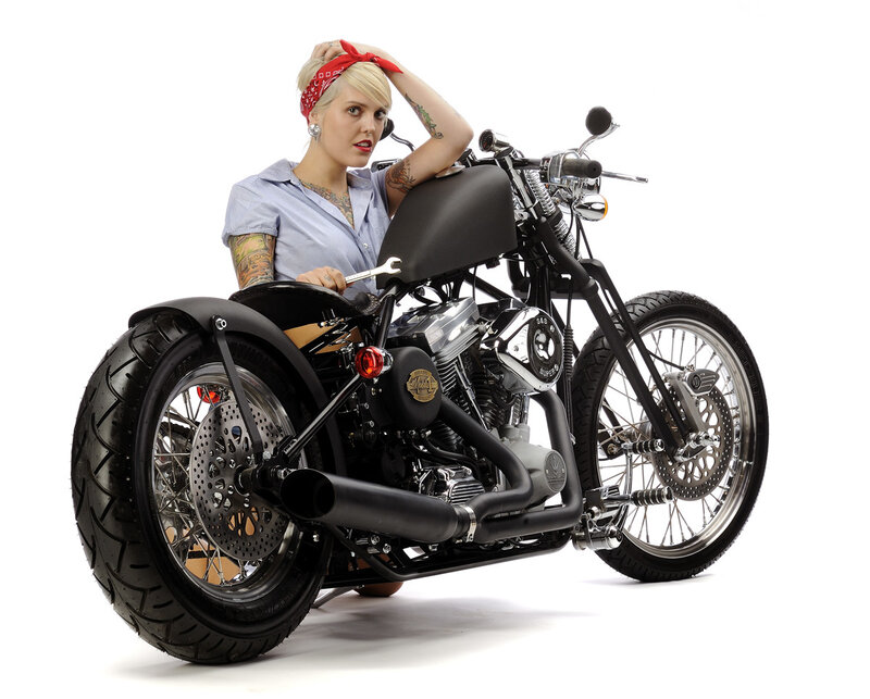 Woman with Tattoos on Motorcycle — Black