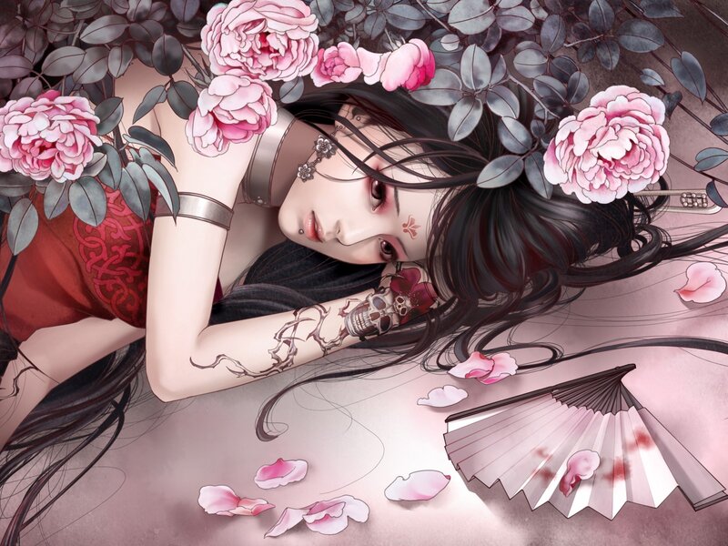 Woman with Tattoos — Pink, Dramatic, Digital Art, Flowers