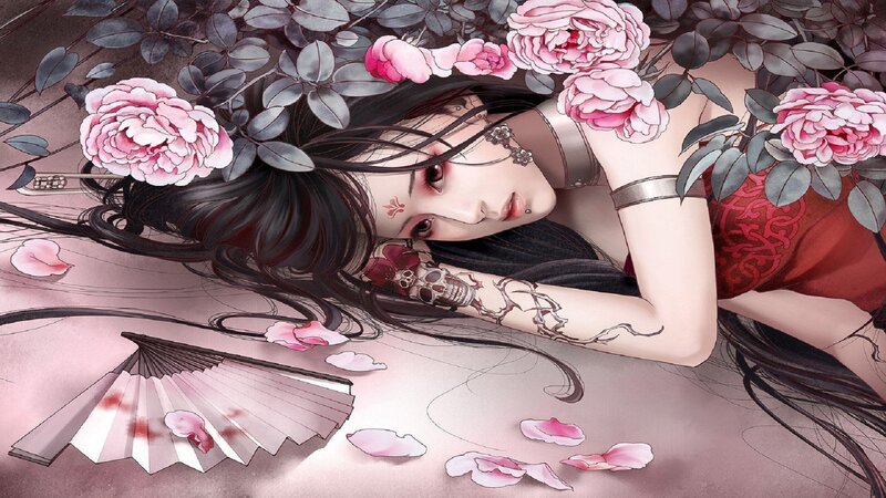 Woman with Tattoos — Pink, Dramatic, Digital Art