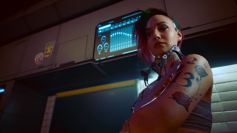 Woman with Tattoos — Purple, Dramatic, Night, 3d Render