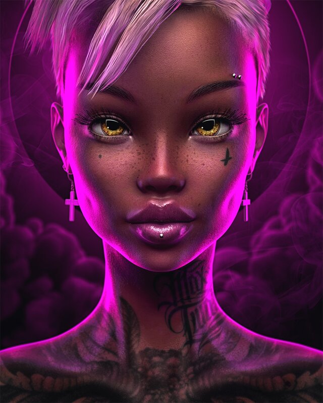 Woman with Tattoos — Purple, Dramatic, Night