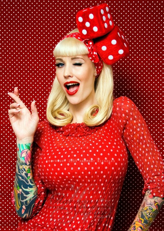 Woman with Tattoos — Red, Playful, Photograph, Polka Dots