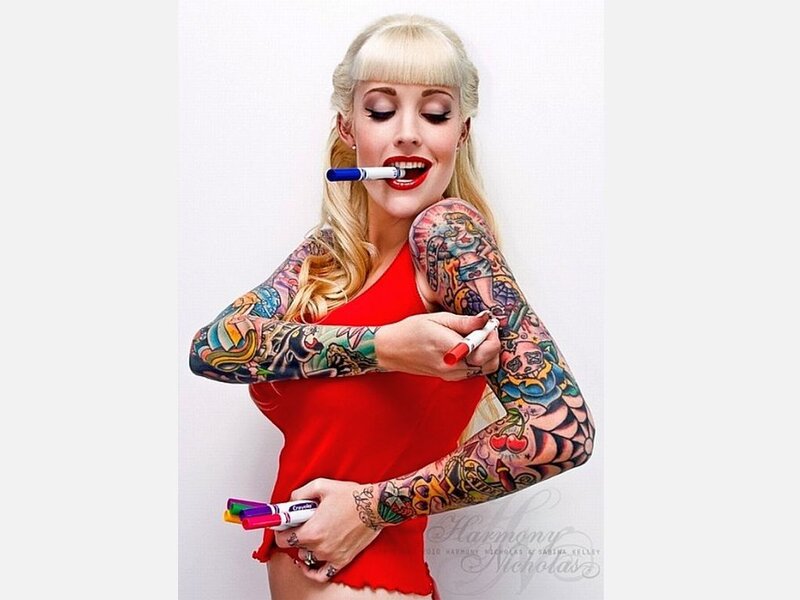 Woman with Tattoos — Red, Playful