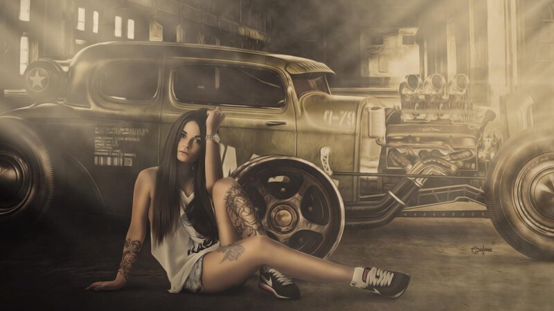 Woman with Tattoos Sitting — Brown