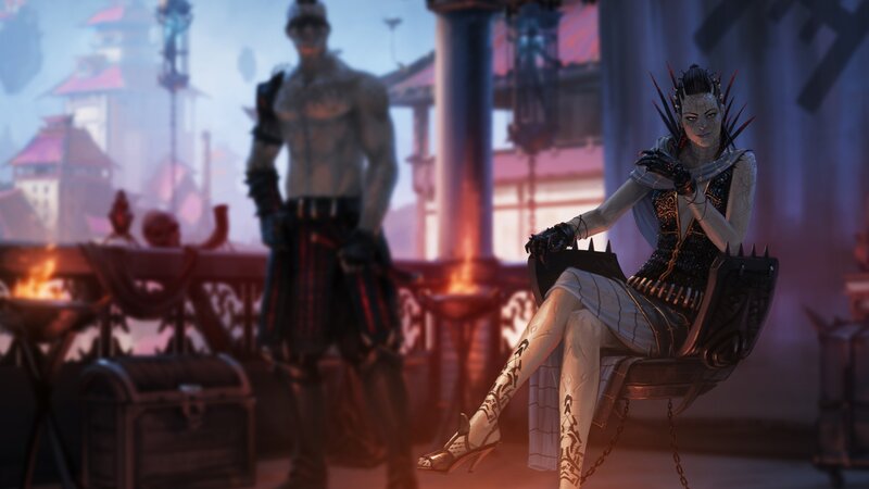 Woman with Tattoos Sitting — Purple