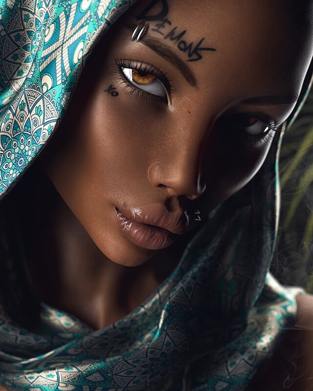 Woman with Tattoos — Teal, Dramatic