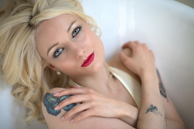 Woman with Tattoos — White, Calm, Photograph, Red Lipstick