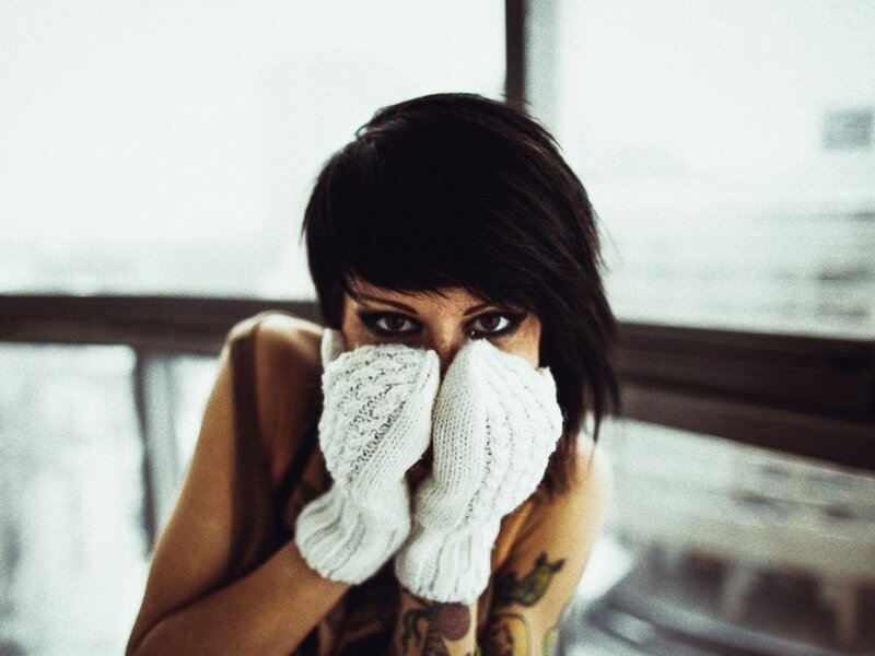 Woman with Tattoos — White, Dramatic, Photograph, Gloves