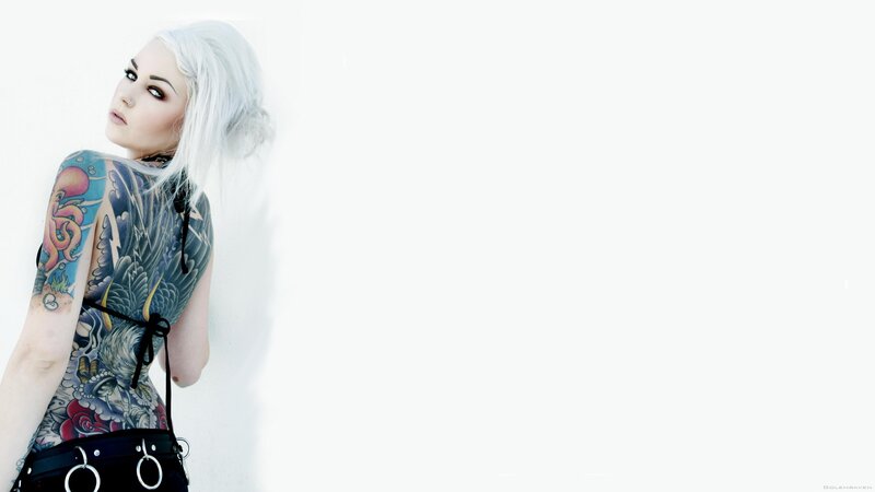 Woman with Tattoos — White, Dramatic, Photograph, White Hair
