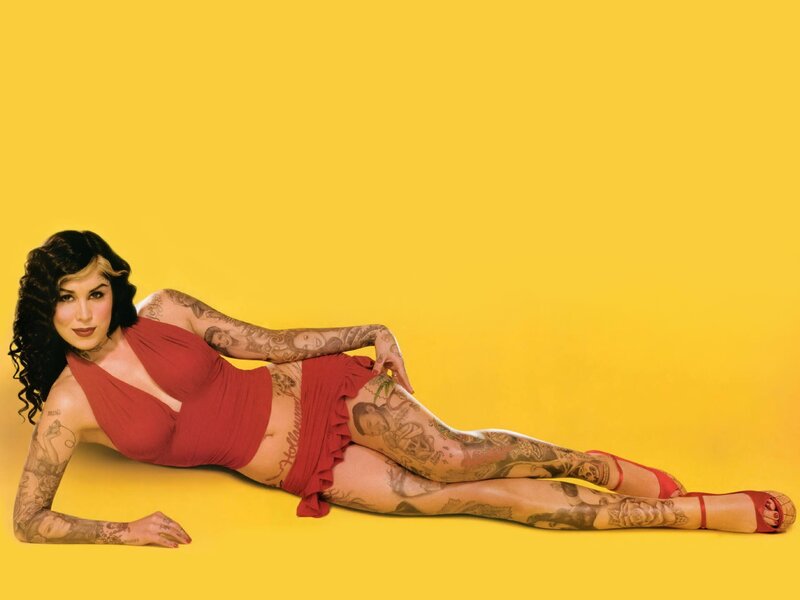 Woman with Tattoos — Yellow, Confident, Photograph, Red Dress