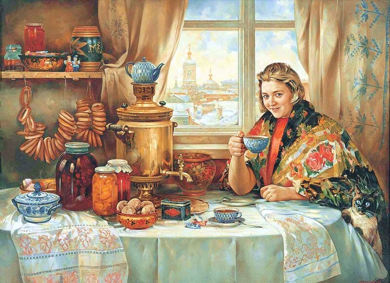 Woman with tea and cat