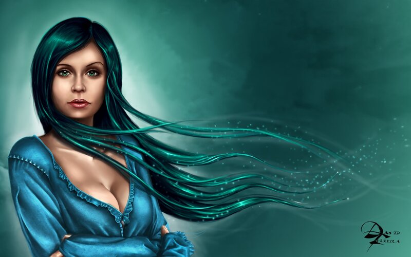 Woman with Teal Hair — Dramatic, Digital Art, Long Hair