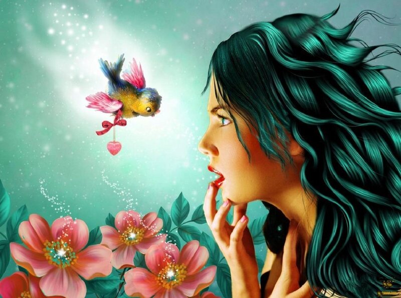 Woman with Teal Hair — Dreamy, Digital Art, Bird