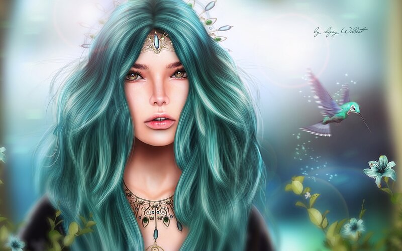 Woman with Teal Hair — Serene, Digital Art