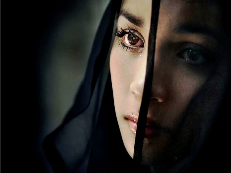 Woman with Tear on Face — Black, Dramatic