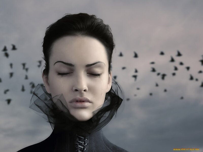 woman with tears and birds