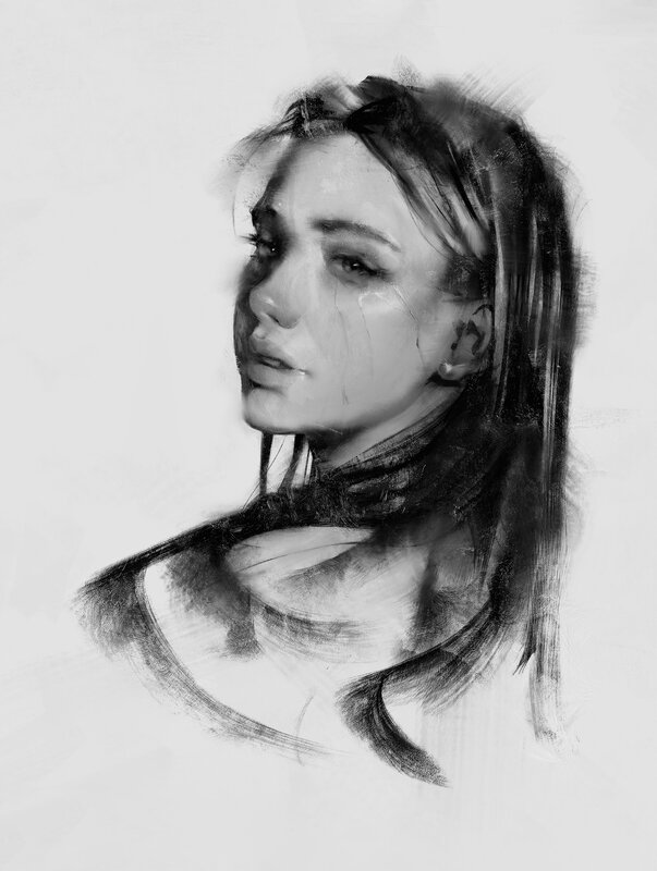 Woman with Tears — Black, Dramatic, Digital Art