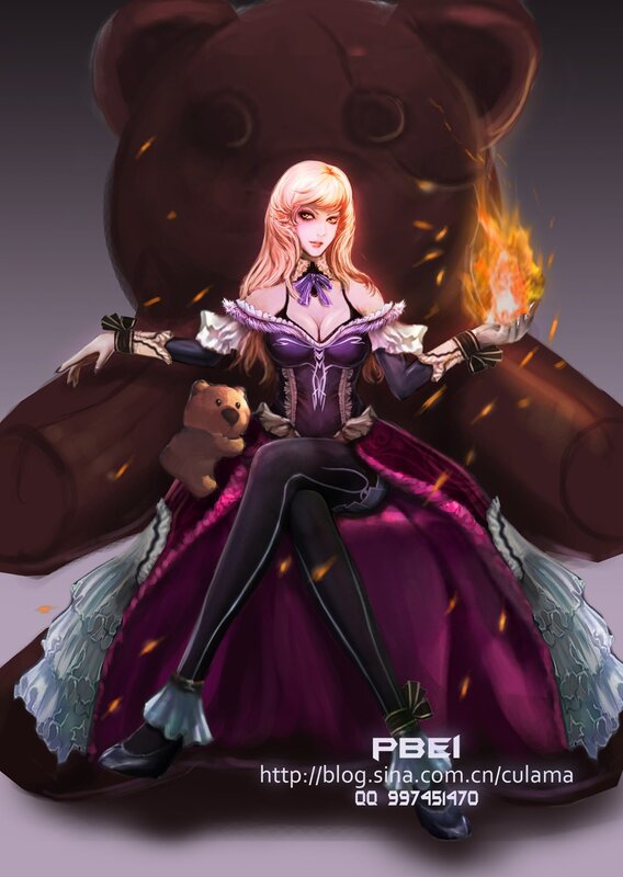 woman with teddy bear and fire