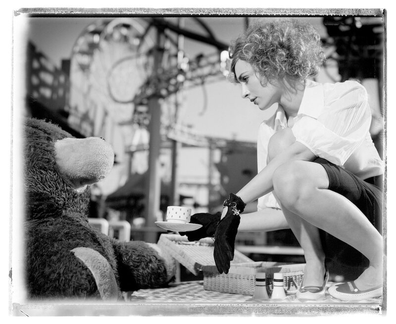 Woman with Teddy Bear — Black, Dramatic