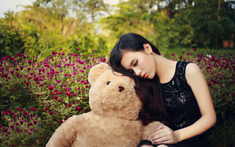 Woman with Teddy Bear — Black, Serene
